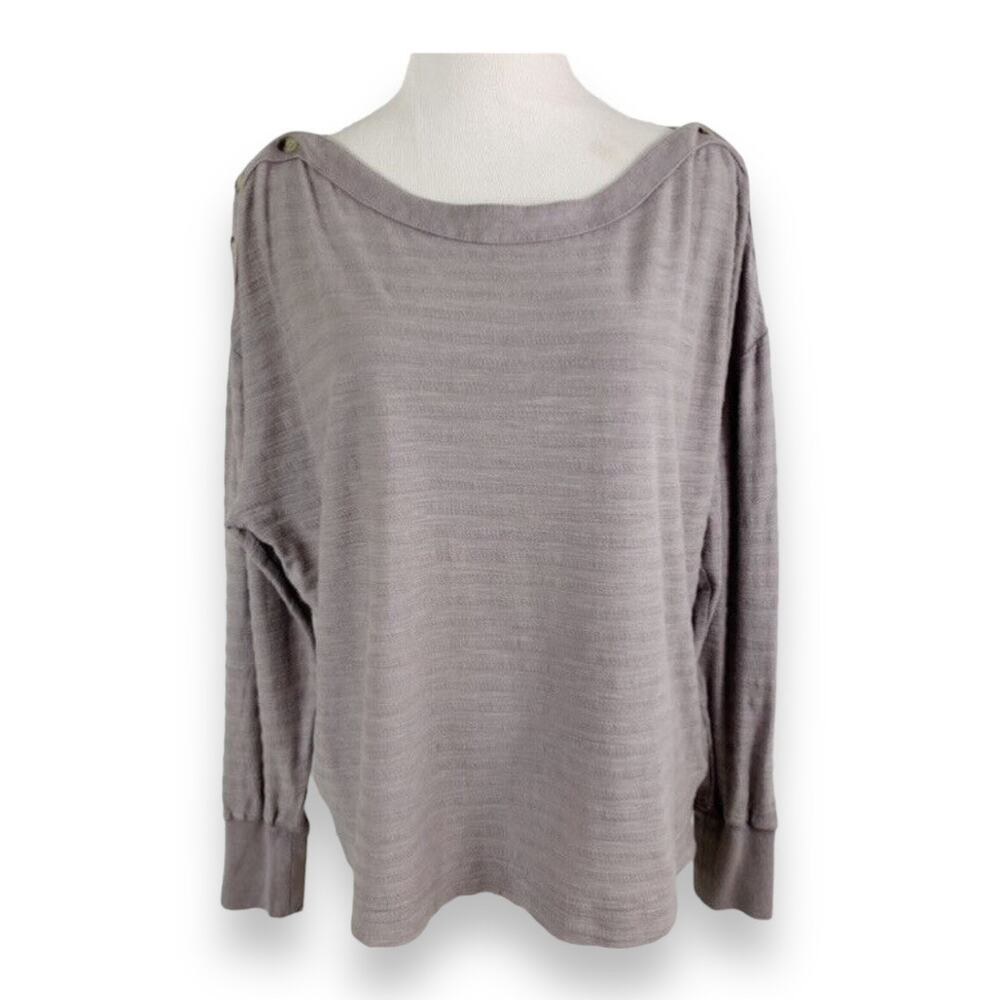 Anthropologie Womens Top Sz M Gray‎ Striped Long Sleeve Buttons Boat Neckline